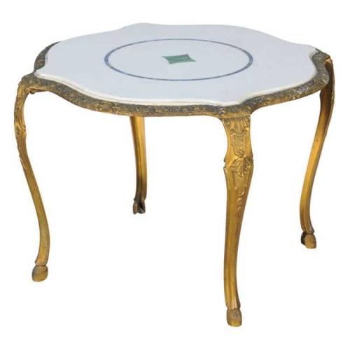 Gilt Bronze Accent Table with Inlaid Specimen Marble Top by Italian