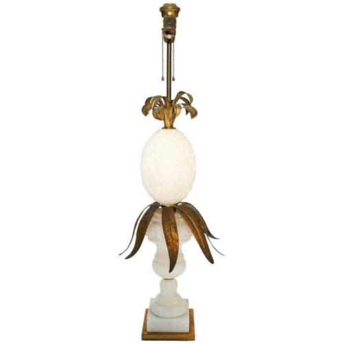 Alabaster Pineapple and Urn Lamp with Gilded Iron Leaves by Italian