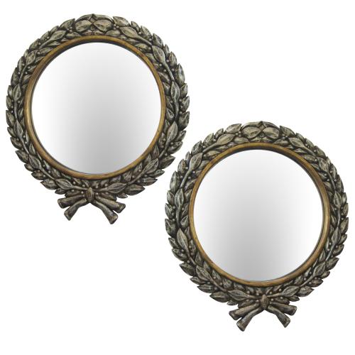 Pair of Carved Silver Giltwood Wreath Wall Mirrors by French