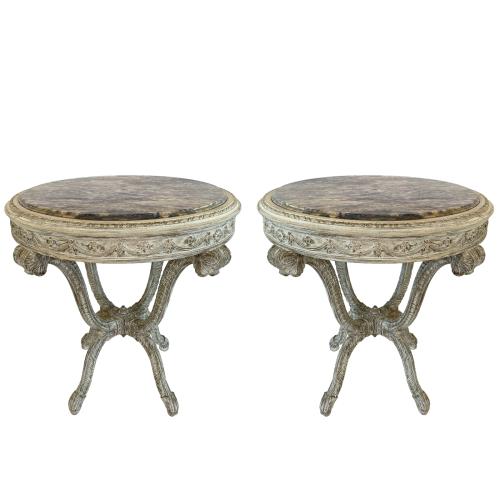 Pair Round End Tables with Rouge Marble Tops on Carved Plume Base by Italian
