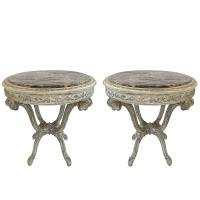 Pair Round End Tables with Rouge Marble Tops on Carved Plume Base by Italian