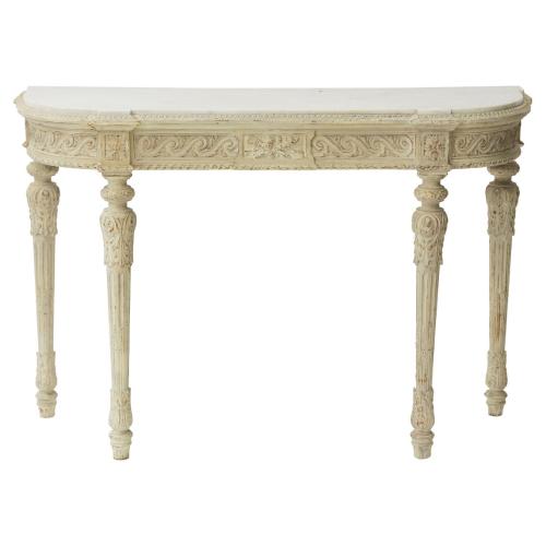 Carved and Painted 19th Century Belgian Console Table with Carrara Marble Top by Belgian
