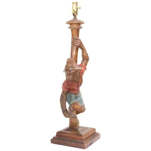 Polychromed Carved Wood Monkey Figural Lamp by Italian