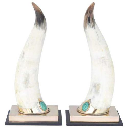 Pair of Decorative Malachite Embellished Bull Horns by Anthony J. Redmile by English