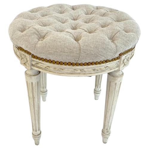 Round Tufted Louis XVI Style Painted Stool by French