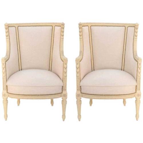 Fine Pair of Painted Bergeres, in French Linen by French