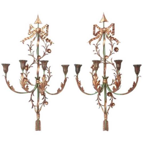 Pair of Italian Painted and Gilded Iron Foliate Sconces by Italian