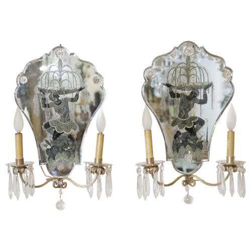 Opposing Pair of Eglomise Art Deco Figural Sconces by Italian