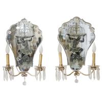 Opposing Pair of Eglomise Art Deco Figural Sconces by Italian