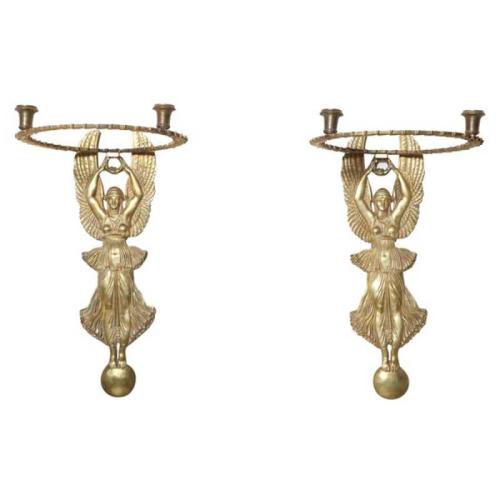 Pair of Egyptian Revival Bronze Figural Sconces by French
