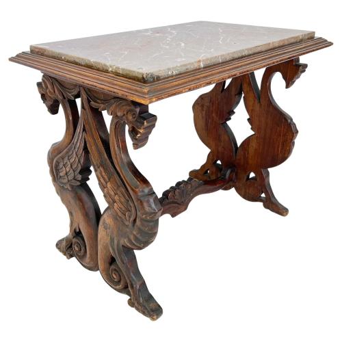 Italian Carved Walnut Renaissance Style Side Table with Marble Top by Italian