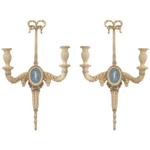 Pair of 19c. Carved Wood Sconces Centered by Wedgewood Bisque Plaques by French