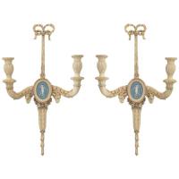 Pair of 19c. Carved Wood Sconces Centered by Wedgewood Bisque Plaques by French