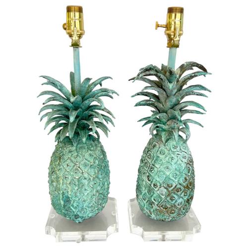 Pair of Solid Bronze Pineapples with Verdigris Finish, Lamped on Lucite Bases by French