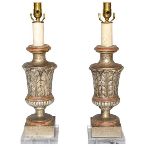 Pair of Early 19th Century Pricket Bases, Lamped on Lucite by Italian