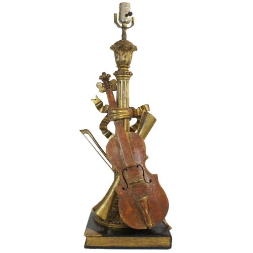 Carved Wood Polychromed Violin Lamp by Italian