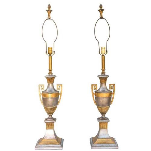 Pair of Polished Metal Neoclassical Form Urn Lamps by None None