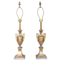 Pair of Polished Metal Neoclassical Form Urn Lamps by None None