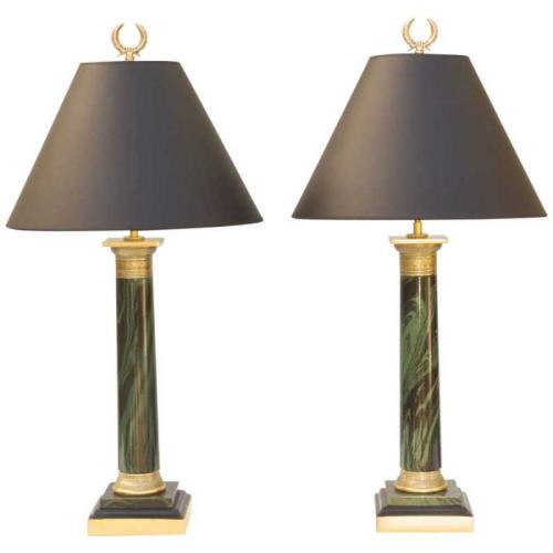 Pair of Faux Malachite Column Lamps by American