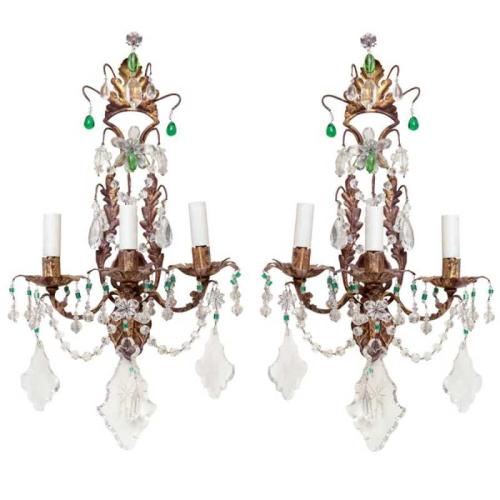 Unusual Pair of Gilt Metal and Crystal Sconces by Italian