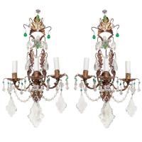 Unusual Pair of Gilt Metal and Crystal Sconces by Italian