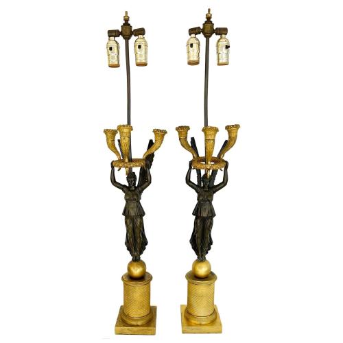 Pair of Late Empire Ormolu and Patented Bronze Figural Candelabra Lamps, C. 1815 by French