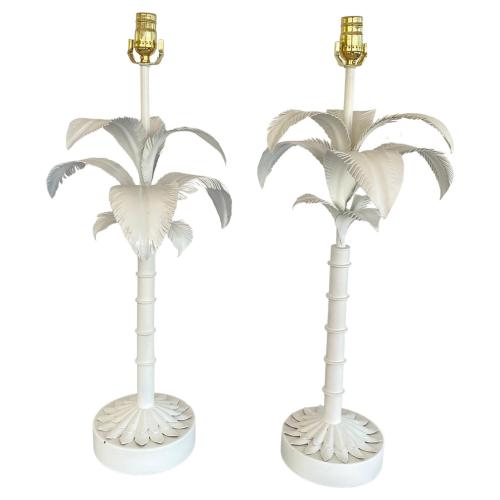 Pair of Vintage Painted Tole Palm Tree Lamps by Italian
