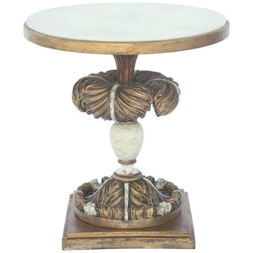 Round Accent Table with Marble Top on Painted on Plume-carved Base by Italian