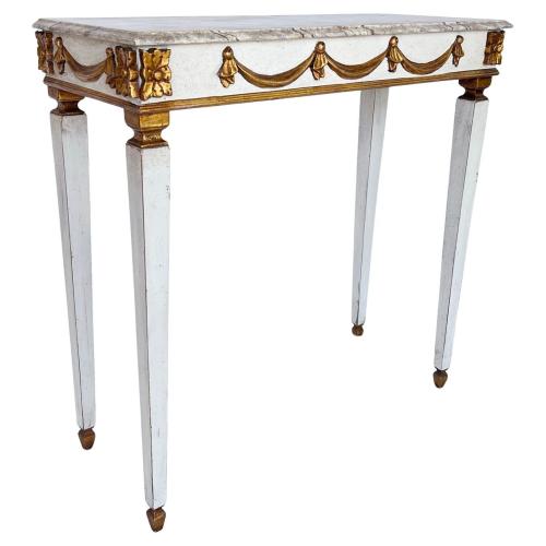 Narrow Vintage Italian Painted and Parcel Gilt Console with Faux Marble Top by French