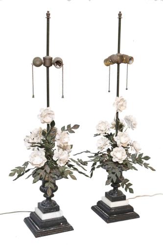 Pair of Early 20th Century Italian Tole Floral Lamps by Italian