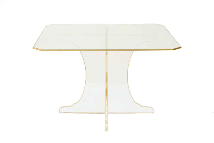 Dining Table on Lucite Base with Brass Border in the Manner of Springer by American