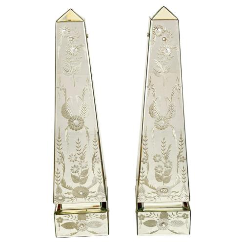 Pair of Etched Venetian Glass Style Obelisks by Italian