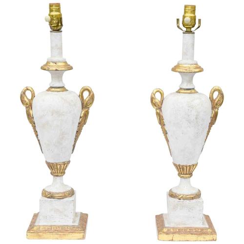 Pair of Gessoed and Parcel Gilt Urn-form Italian Lamps by Italian