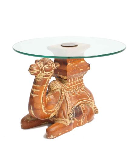 Vintage Carved Wood Camel Side Table with Glass Top by Spanish