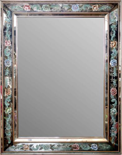 Italian Églomisé Wall Mirror with Handpainted Floral Frame by Italian
