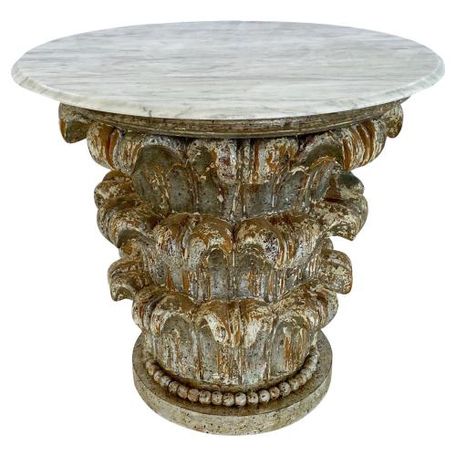 Carved Corinthian Capital Side Table with Round Carrara Marble Top by Italian
