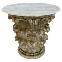 Carved Corinthian Capital Side Table with Round Carrara Marble Top by Italian