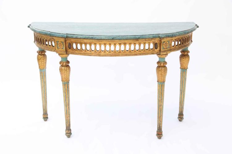 19th Century Italian Demilune Console with Marbleized Top in Robin's Egg Blue by Italian