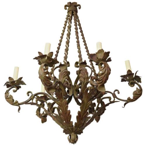 Verdigris Wrought Iron Foliate Six-Light Chandelier by French