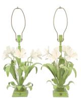 Pair of Vintage, Painted Tole, Floral Bouquet Lamps by American