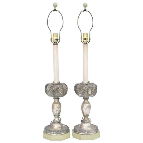 Pair of Carved Silvergilt Plume-Form Lamps by Italian