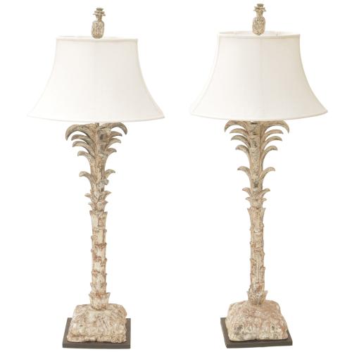 Pair of Carved Wood Palm Tree Form Table Lamps by American
