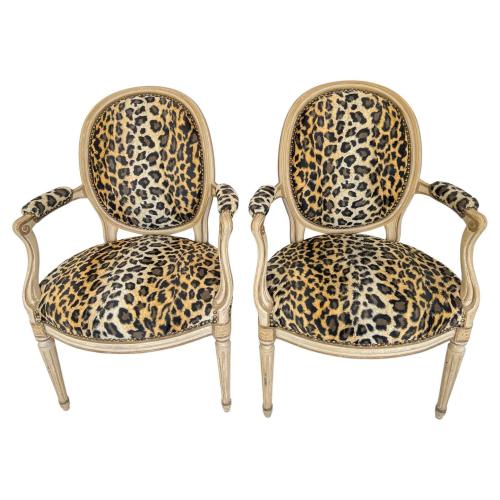 Pair of French Fauteuils, Upholstered in Faux Cheetah Print by 
