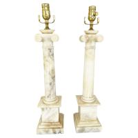 Pair of Carved Alabaster Columnar Lamps with Ionic Capitals by Italian