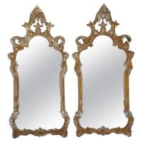 Pair of Vintage, Carved Wood, Italian Mirrors with Pickled Finish by Italian
