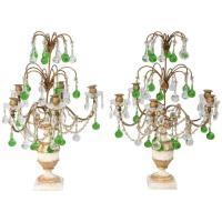 Pair of Italian Girandoles Decorated with Emerald Colored Crystal Drops by Italian