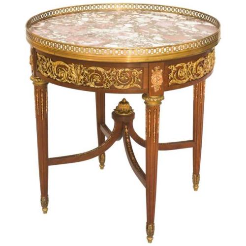 Bouillotte Table Inlaid with Bronze Scrollwork by French