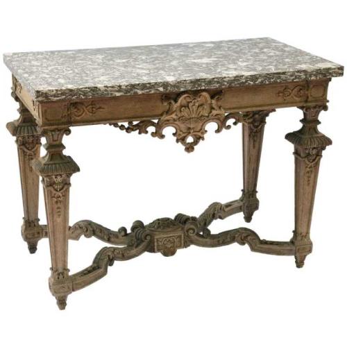 Finely Carved Bleached Oak Console Table with Marble Top by English