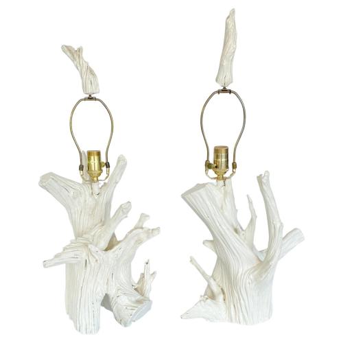 Pair of Painted Wood Root Lamps with Matching Finials by 