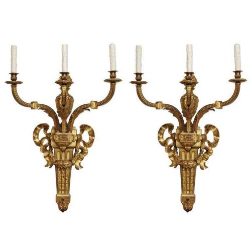 Fine Pair of Large Gilt Bronze Three Light Sconces by French